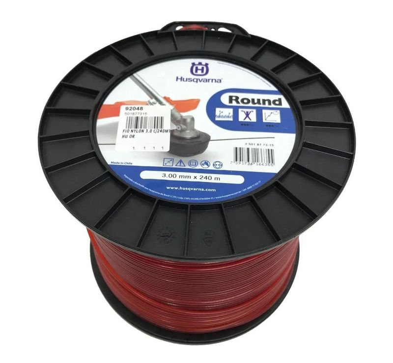 Fio-Nylon-3-0mm-Redondo-Vermelho-Rolo-com-240-Metros-Husqvarna-Original