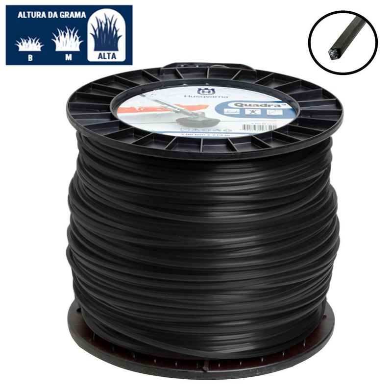Fio-Nylon-3mm-Quadrado-Preto-Rolo-com-219-Metros-Husqvarna-Original