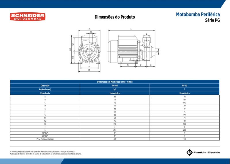Motobomba Periferica Schneider PG-05 1 Polegada 1-2CV 220V